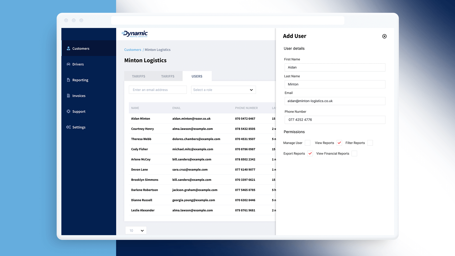 User management dashboard for DML, with soft blue background