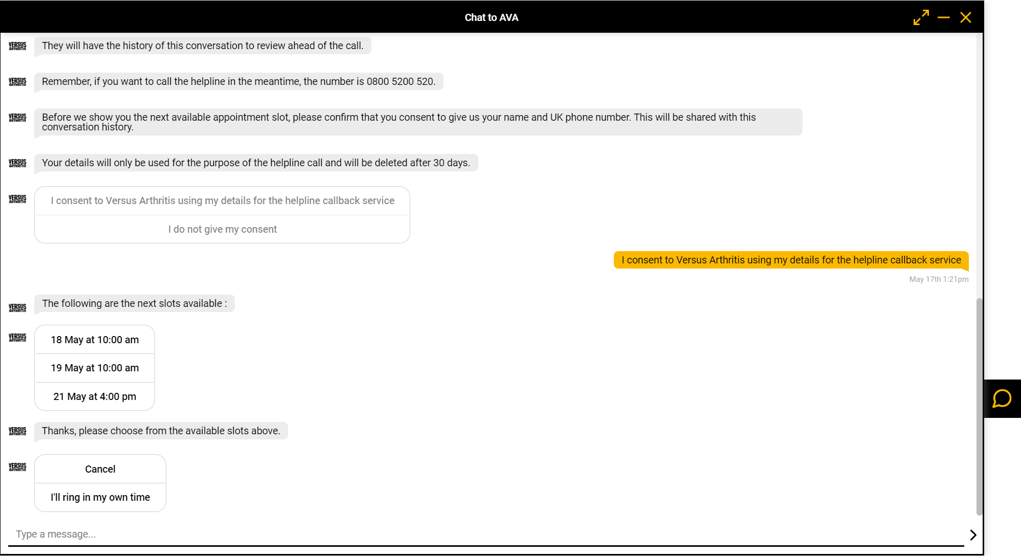 versus arthritis booking