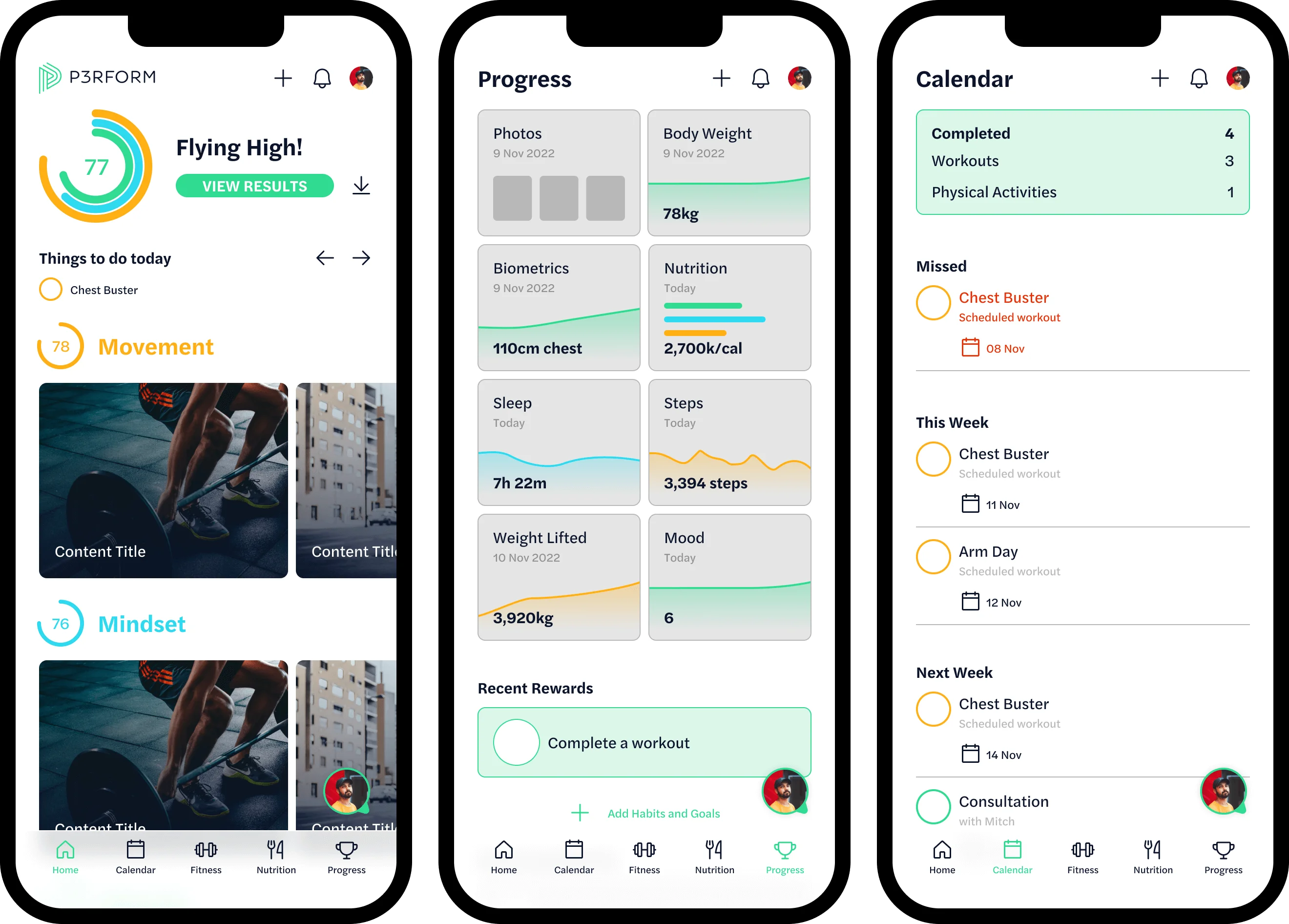 P3RFORM Mobile App Screen Shots
